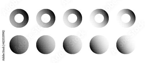 Circles With Miscellaneous Density of Bitmap Dither Gradient Vector Set Isolated On White Background. Round Shapes With Retro 8 Bit Pixel Graphic Art Style Different Textures Design Element Collection