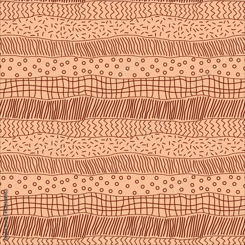 Terracotta seamless pattern of casual uneven stripes with doodle texture. Monochromatic hand drawn ethnic style background. 