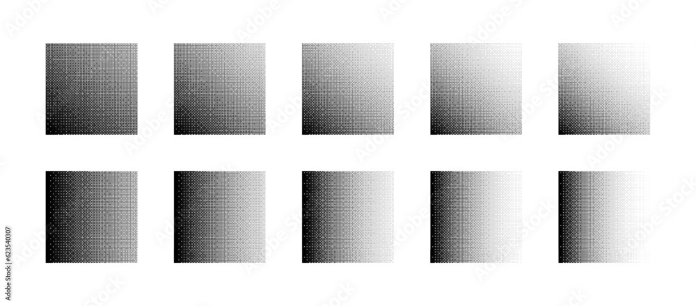 Squares With Different Density of Bitmap Dither Gradient Vector Set Isolated On White Background. Rectangle Shapes With Different Retro 8 Bit Graphic Art Style Textures Design Elements Collection