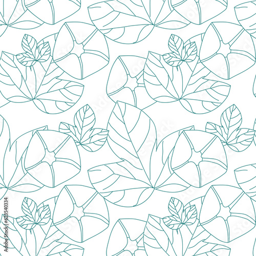 Stylish green bindweed plant outlines pattern for printing and decoration. Turquoise seamless universal floral background.