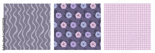 Hand drawn bindweed flowers, checks and waves backgrounds set; vector surface designs for decoration. Collection of 3 complementary repeat patterns in shades of purple. 