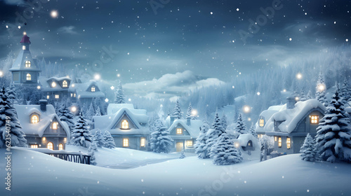 Tableau sur toile Christmas winter fairy village landscape. AI generated image.