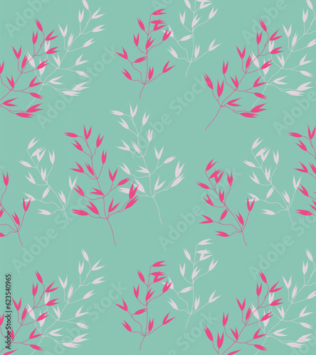 Elegant seamless botanical background of oat plants on pink and green background. Minimalist surface design for prints on clothes and paper.