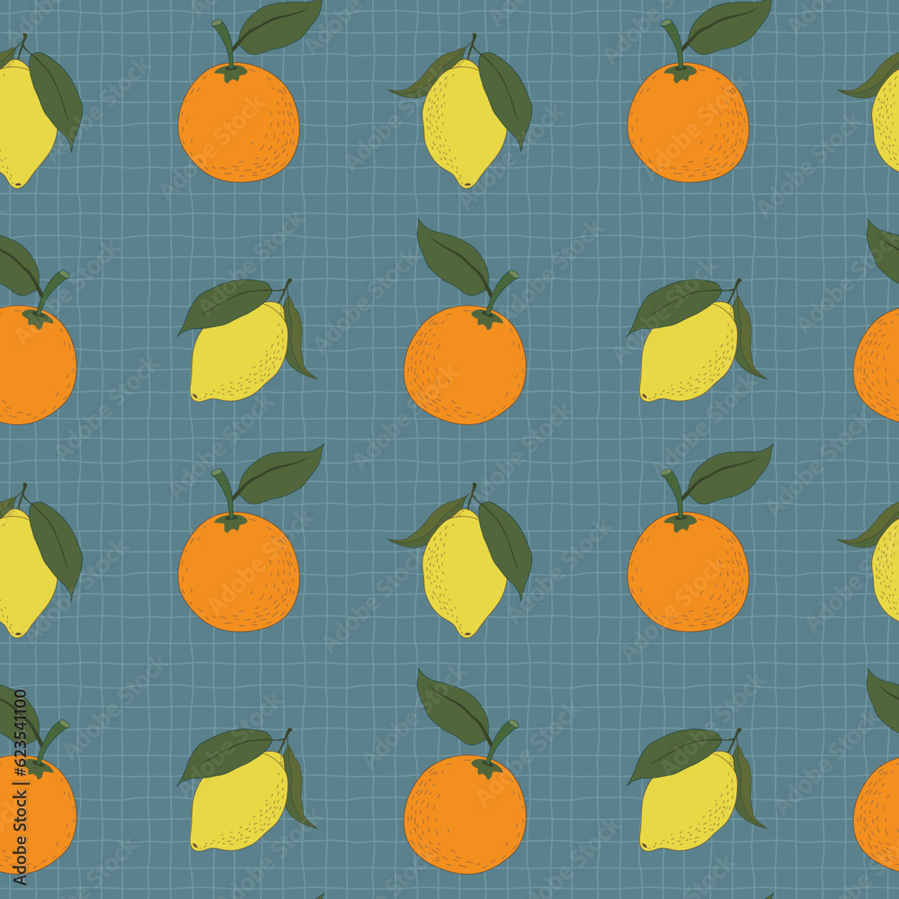 Repeat pattern of hand drawn lemons and orange fruit on checkered teal texture. Simple vector background for kitchen textiles, packaging and wrapping.
