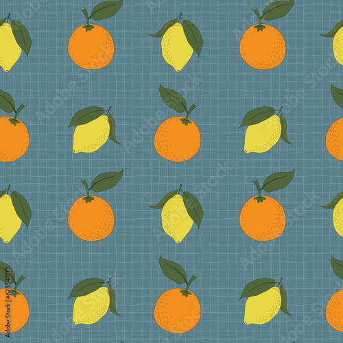 Repeat pattern of hand drawn lemons and orange fruit on checkered teal texture. Simple vector background for kitchen textiles, packaging and wrapping.