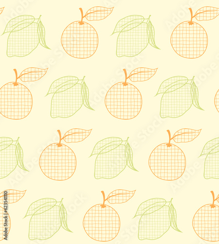Endless  pattern of textured oranges and lemons on light background. Citrus fruit outlines with gauze pattern overlay, original surface design for clothing, interior and decoration.