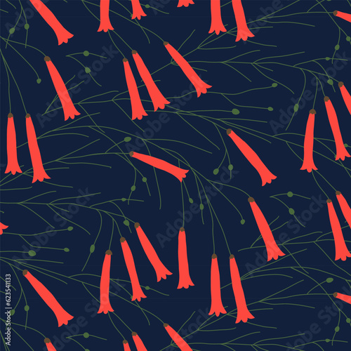 Endless botanical pattern design of russelia equisetiformis flowers and twigs on dark blue background. Vintage floral background in red and dark blue. photo