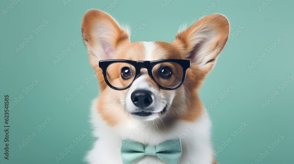Cute corgi professor wearing glasses. AI generated image.