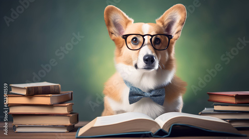 Cute corgi professor wearing glasses with pile of books. AI generated image. © yekaterinalim