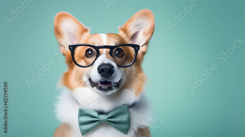 Cute corgi professor wearing glasses. AI generated image. © yekaterinalim