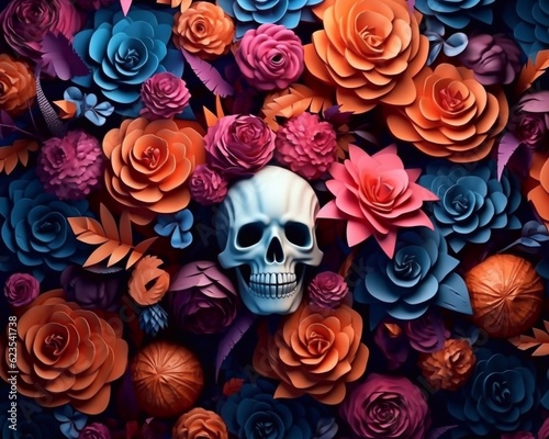 3d festival halloween banner with scull, flowers and pumpkins. AI generated