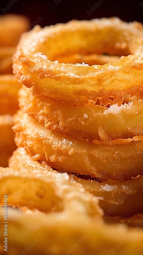 Close up of coated and deep fried onion rings on dark background. AI generated