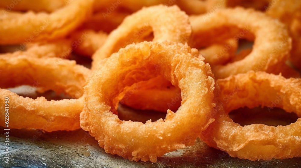 Close up of coated and deep fried onion rings on dark background. AI generated Close up of coated and deep fried onion rings on dark background. AI generated