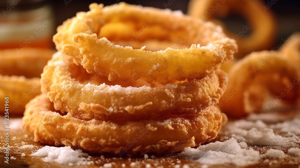Close up of coated and deep fried onion rings on dark background. AI generated Close up of coated and deep fried onion rings on dark background. AI generated