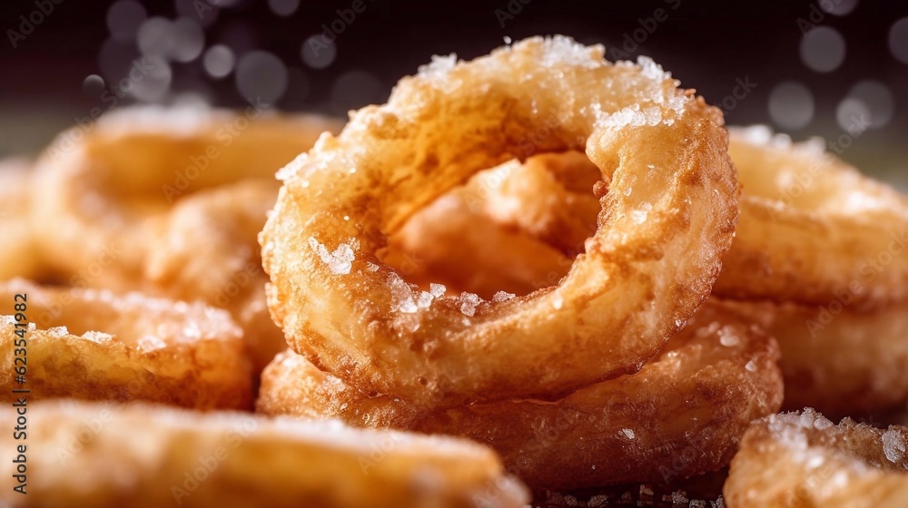 Close up of coated and deep fried onion rings on dark background. AI generated Close up of coated and deep fried onion rings on dark background. AI generated
