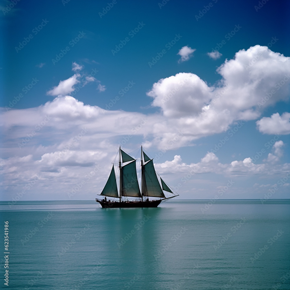 Fototapeta premium The yacht is sailing on the sea. Festive landscape with a sailboat. Romantic trip on a luxury yacht at sea.