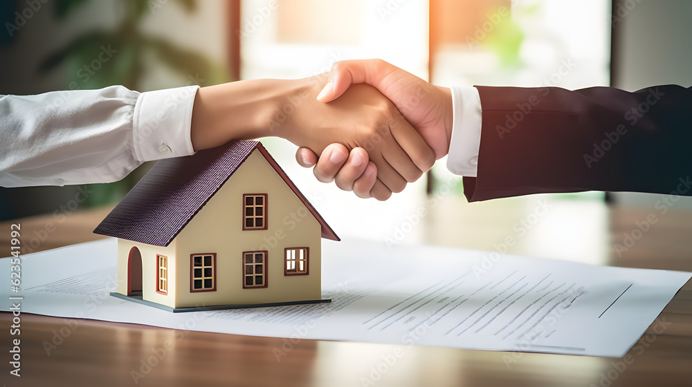 Estate agent shaking hands with buyer after signing the contract. Mortgage, home loan and insurance concept. Estate agent shaking hands with buyer after signing the contract. Mortgage, home loan and insurance concept.