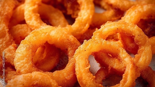 Close up of coated and deep fried onion rings on dark background. AI generated. Top view
