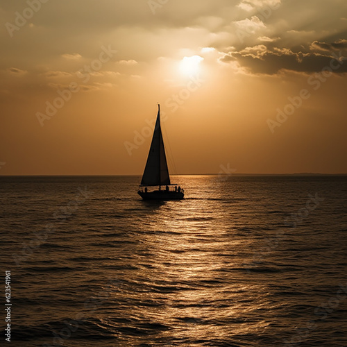The yacht sails against the sunset. Festive landscape with a sailboat. Romantic trip on a luxury yacht during sunset at sea.