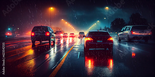 a lot of cars on the urban highway of the night city during the rain. Generative AI