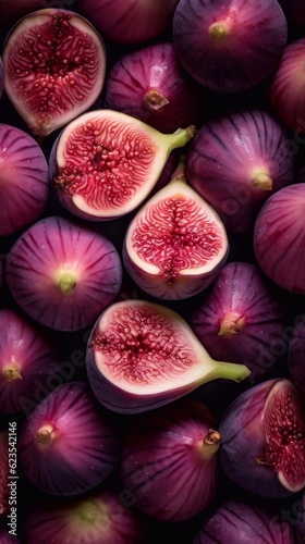 Fresh ripe figs seamless background. Close up, top view. AI generated