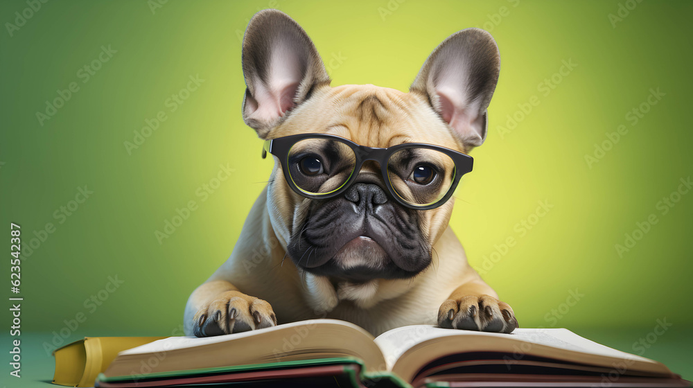 Cute french bulldog student wearing glasses, with pile of books. AI generated image. Cute french bulldog student wearing glasses, with pile of books. AI generated image.