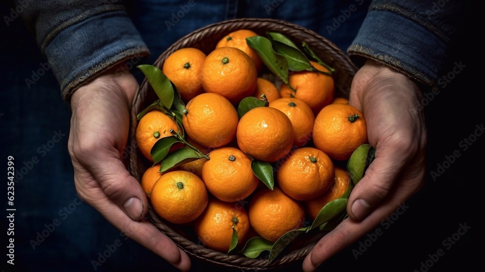 Hands holding bowl with fresh tangerines on dark background. AI generated