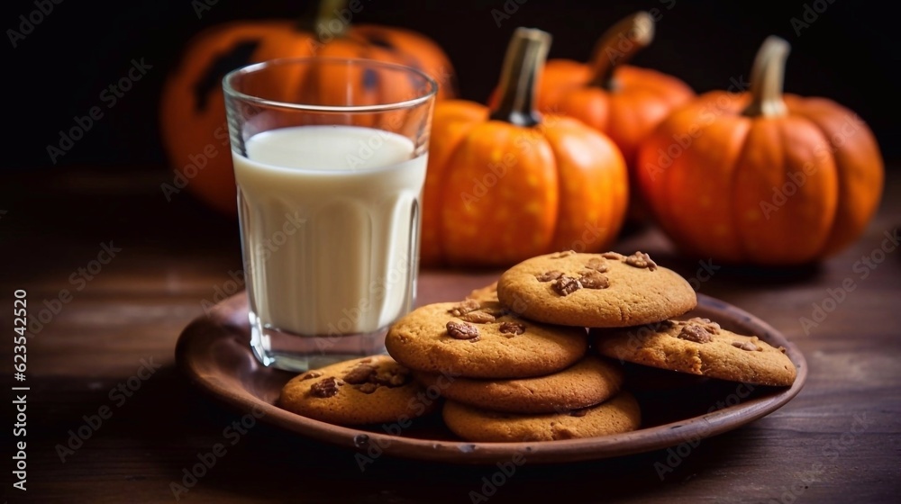 Halloween pumpkins cookies in plate near milk glass on dark background. AI generated Halloween pumpkins cookies in plate near milk glass on dark background. AI generated