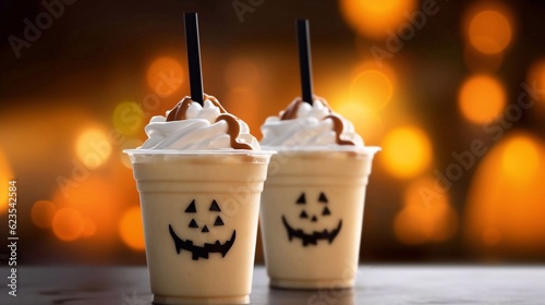  Halloweens milk cocktail with whipped cream cups on party background, ai generated