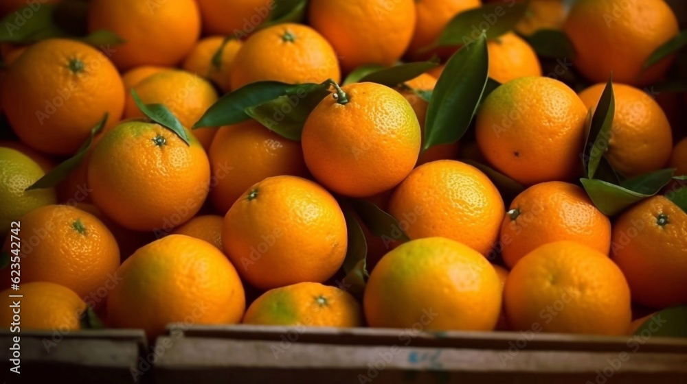 Close up of fresh oranges in_wooden_boxes. Farm market banner. AI generated