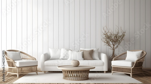 Farmhouse living room interior background, wall mockup, 3d render