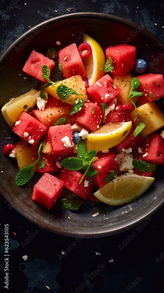 Close up of Watermelon and lemons salad on dark background. Top view. AI generated Close up of Watermelon and lemons salad on dark background. Top view. AI generated