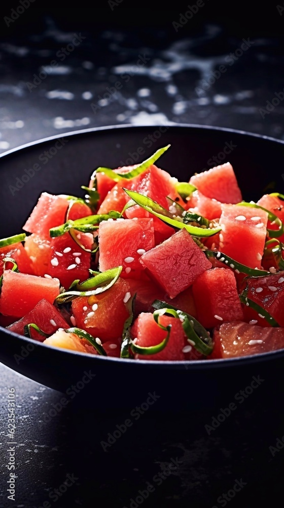 Close up of Watermelon salad on dark background. AI generated