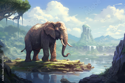elephant is looking for food,anime style