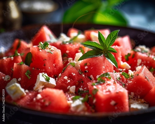 Close up of Watermelon with feta cheese salad on dark background. AI generated