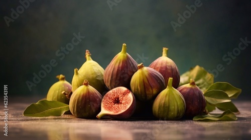 Fresh ripe figs on green background. AI generated. Copy space