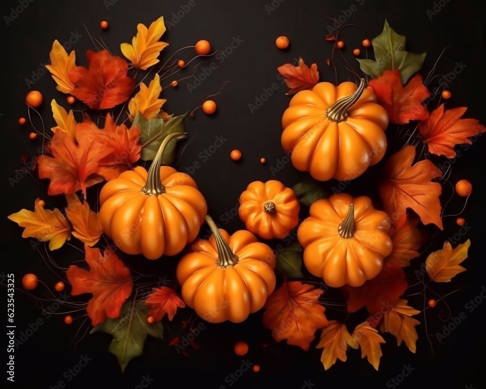 Pumpkins and autumn leaves decor on black  background. Copy paste space for text. Top view.  Thanksgiving or Halloween day banner Festive background. AI generated