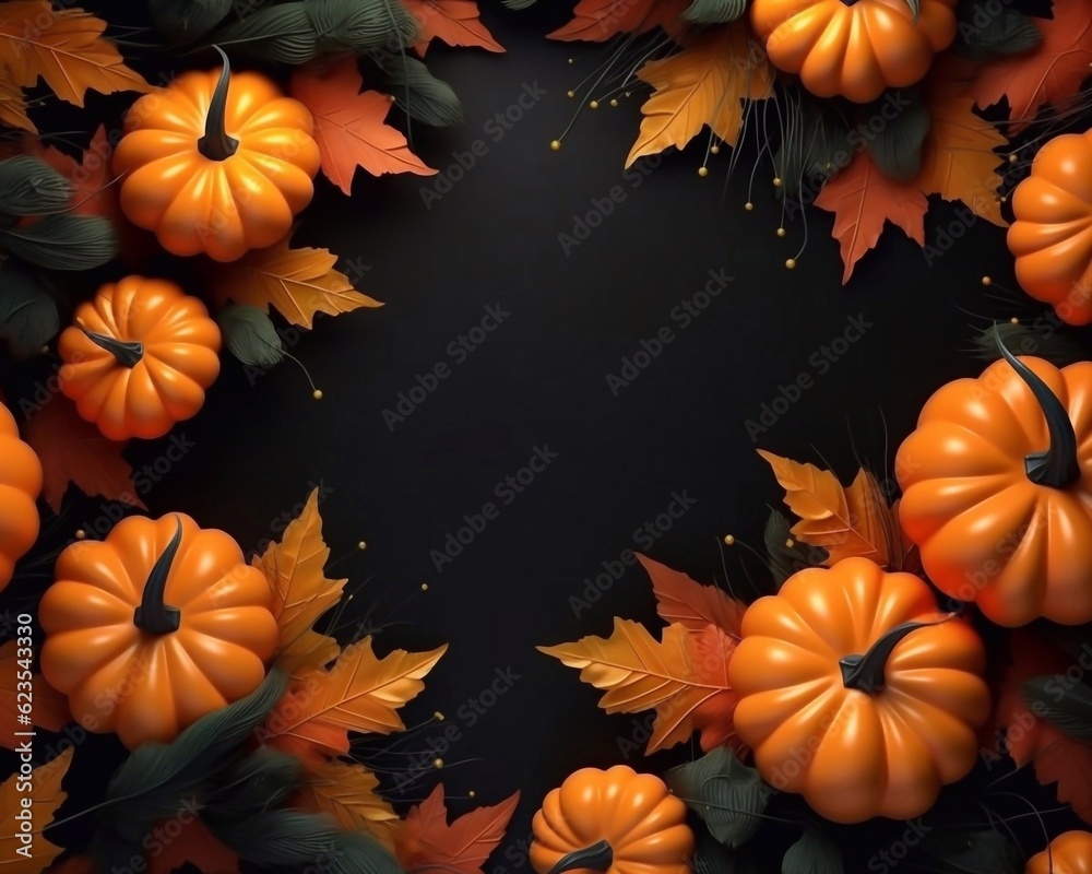 Pumpkins and autumn leaves decor on black background. Copy paste space for text. Top view. Thanksgiving or Halloween day banner Festive background. AI generated Pumpkins and autumn leaves decor on black background. Copy paste space for text. Top view. Thanksgiving or Halloween day banner Festive background. AI generated