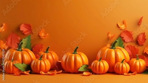 3d illustration of Pumpkins, autumn leaves and flowers decor on orange background. Copy paste space for text. Thanksgiving or Halloween day banner Festive background. AI generated
