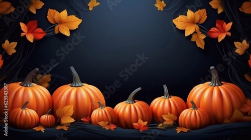  Pumpkins and autumn leaves decor on black  background. Copy paste space for text. Thanksgiving or Halloween day banner Festive background. AI generated