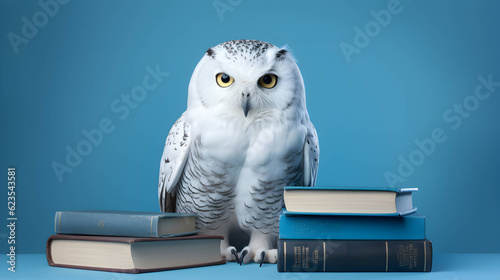 Cute white owl with pile of books. Back to school concept. AI generated image.