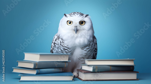 Cute white owl with pile of books. Back to school concept. AI generated image.