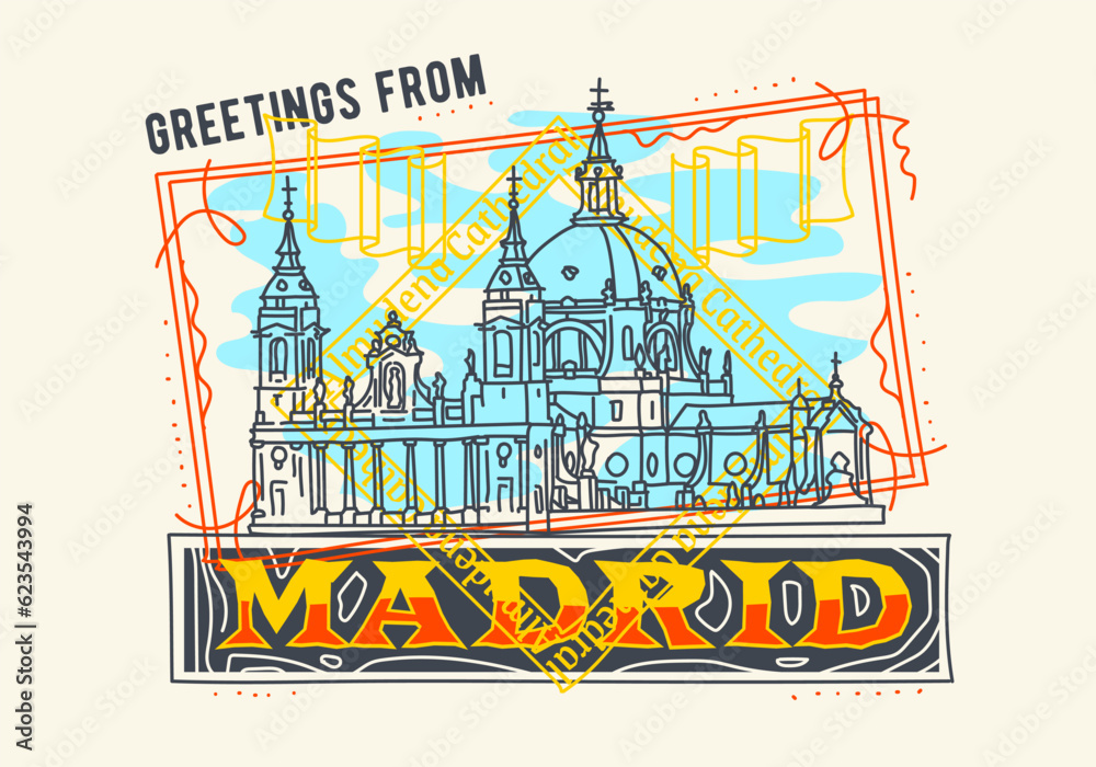 Madrid City Spain, Almudena Cathedral Roman Catholic Church Postcard Design, Greetings From Madrid, Architectural Landmark in Hand Drawn Line Art Aesthetic, Vector Graphics.