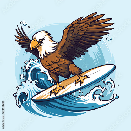 cute eagle surfing vector illustration
