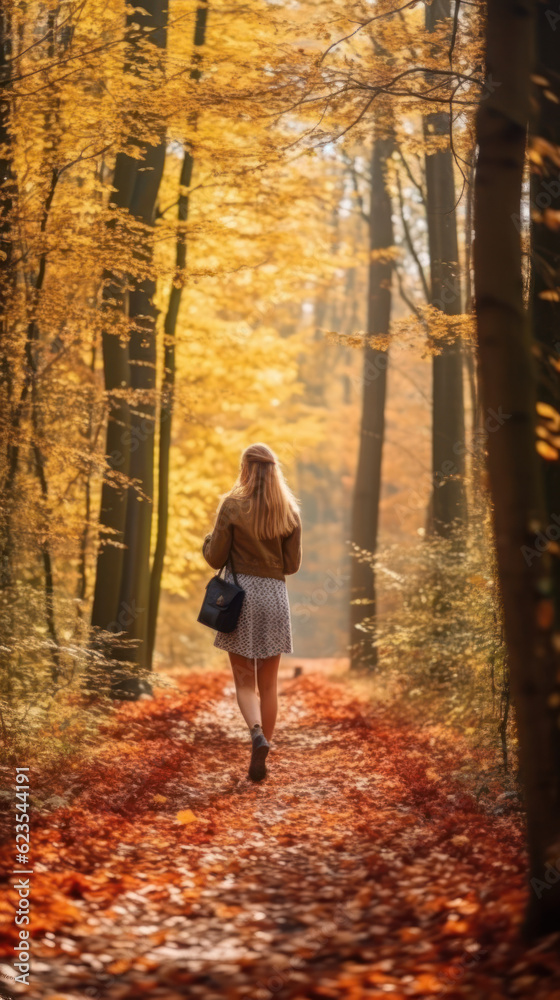 Fototapeta premium A young woman walks along a path through the forest on a sunny autumn day. Generative AI.