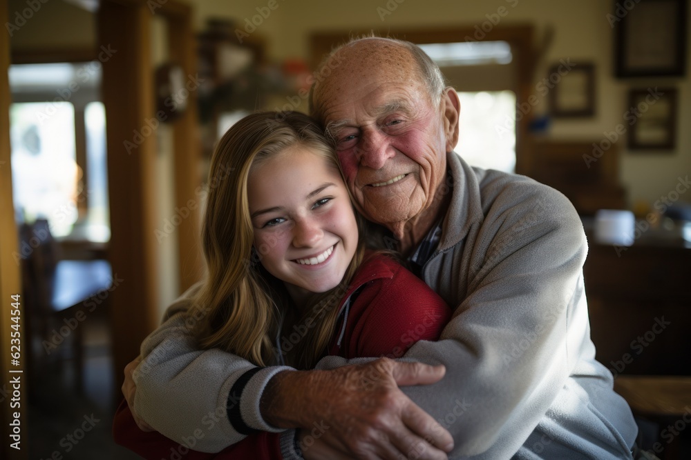 old grandfather hugs his teenage granddaughter at home. blurred background. Generative AI old grandfather hugs his teenage granddaughter at home. blurred background. Generative AI