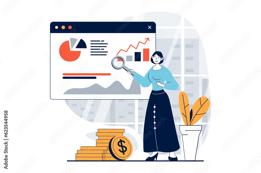 Data science concept with people scene in flat design for web. Woman working with graphs, searching statistics for presentation report. Illustration for social media banner, marketing material. Data science concept with people scene in flat design for web. Woman working with graphs, searching statistics for presentation report. Illustration for social media banner, marketing material.