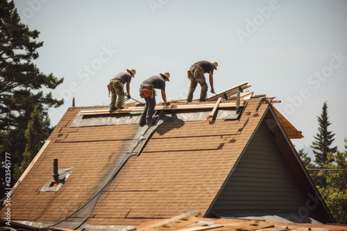 Construction workers repairing a roof