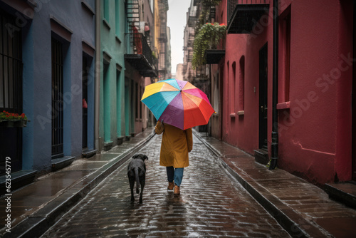 Person and dog walking down narrow city street