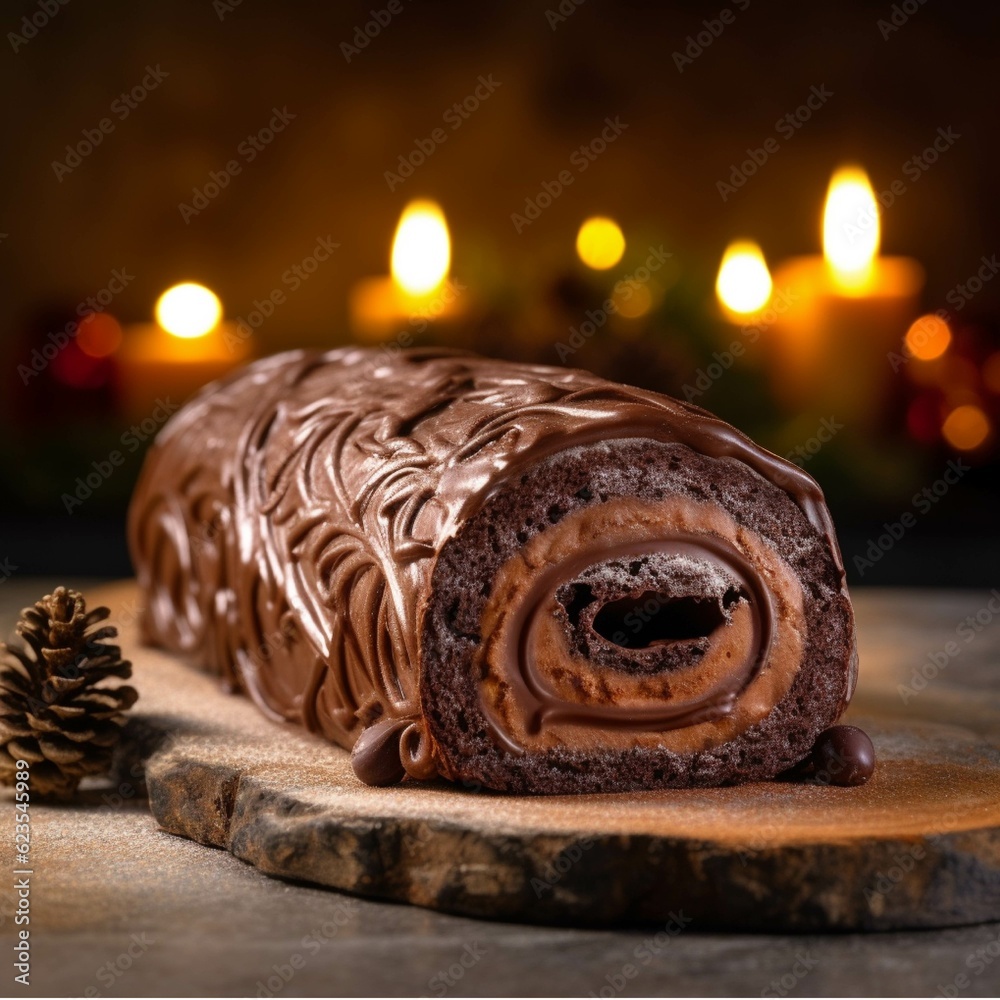 Chocolate roll cake on a wooden board with candles in the background